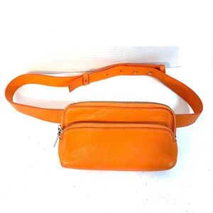 COS Orange Leather Zippered Two Compartment Belt Bag - XS/S